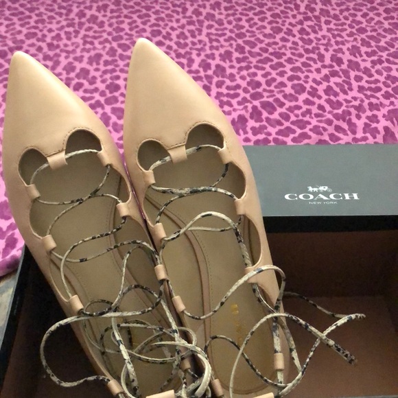 Coach EUC Justine lace up cream flats 8 - Picture 2 of 5